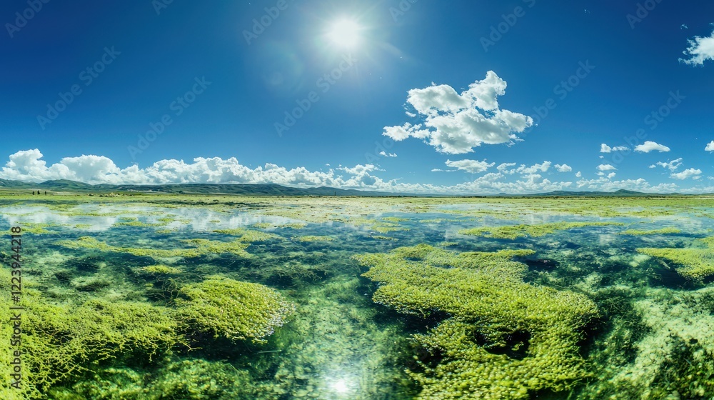 A shallow pool filled with floating green algae under a bright sky