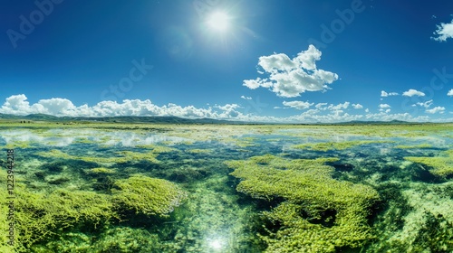 Obraz na płótnie A shallow pool filled with floating green algae under a bright sky w salonie