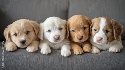 Four adorable puppies on sofa, home interior background, perfect for pet adoption ads photo