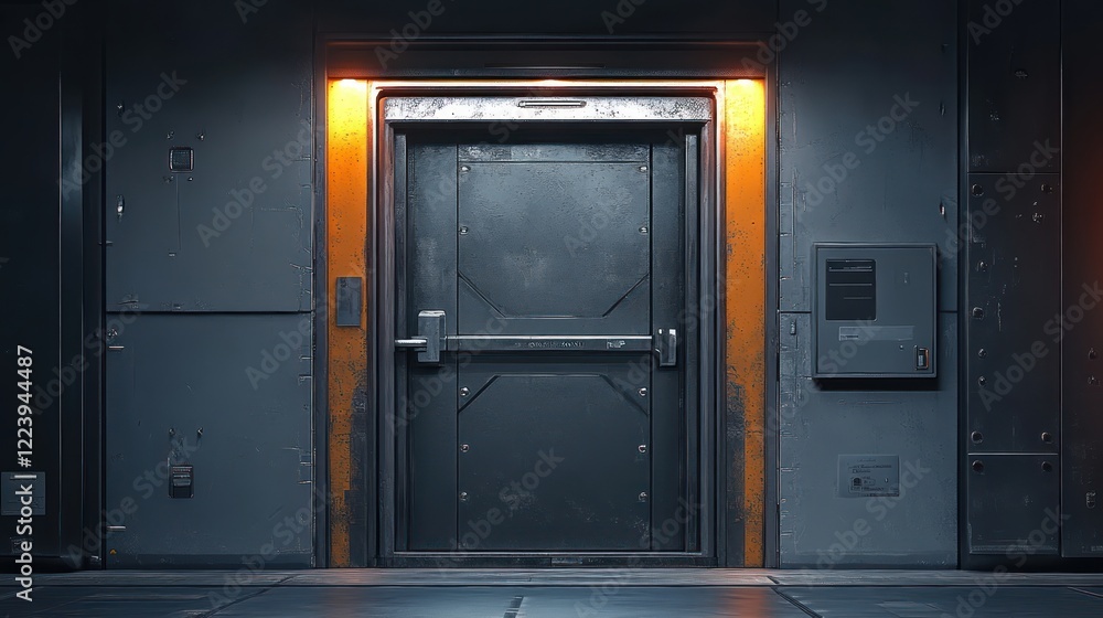 Obraz premium Glowing orange frame metal door in dark corridor.