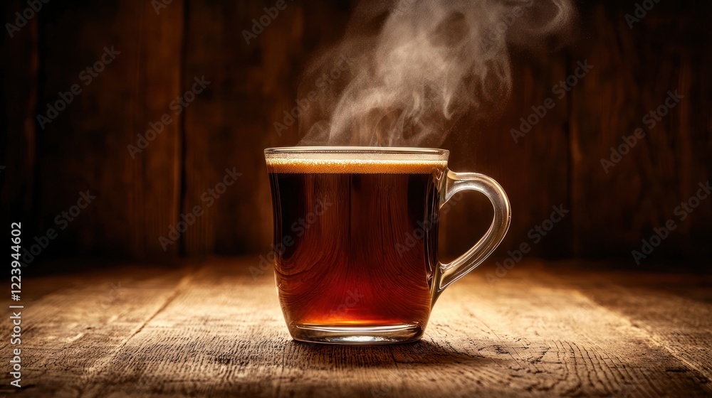A steaming glass of coffee placed on a wooden table with a cozy ambiance.