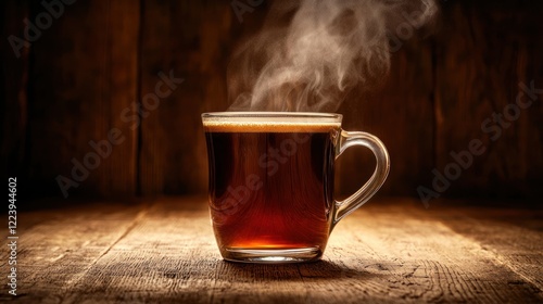 Obraz na płótnie A steaming glass of coffee placed on a wooden table with a cozy ambiance. w salonie