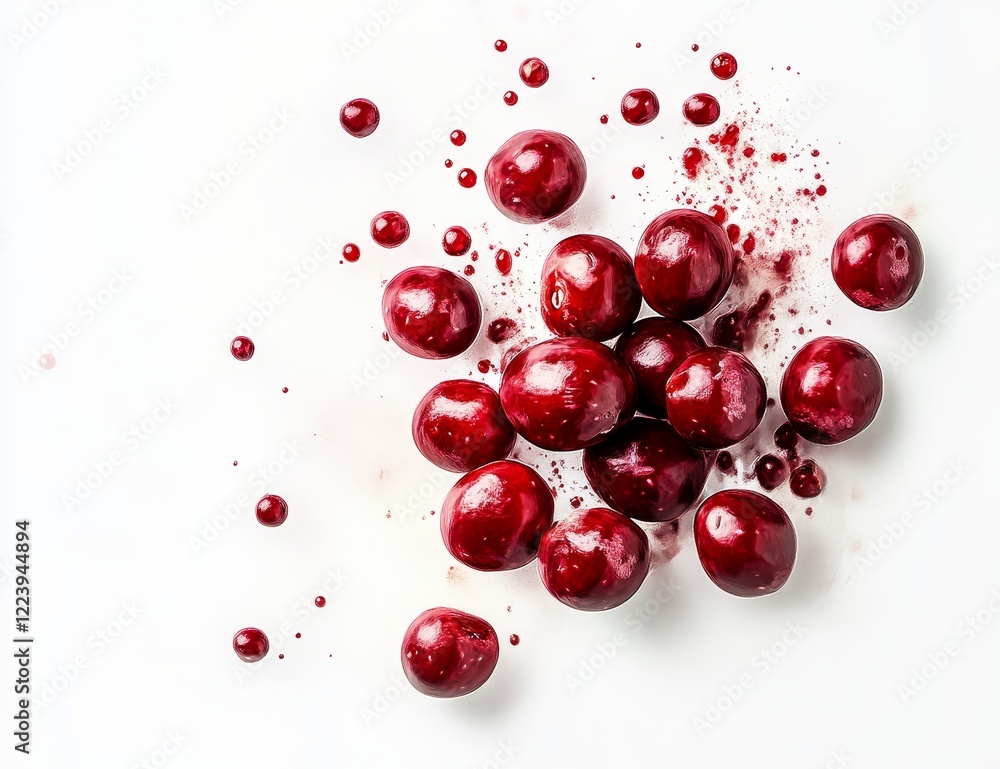 Red cherries scattered on white background with juice splatters. Red cherries scattered on white background with juice splatters.