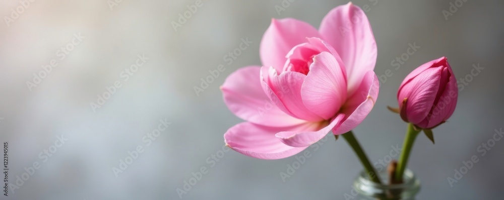 Soft pink petals unfolding on a delicate stem, vase, blossoms, buds Soft pink petals unfolding on a delicate stem, vase, blossoms, buds