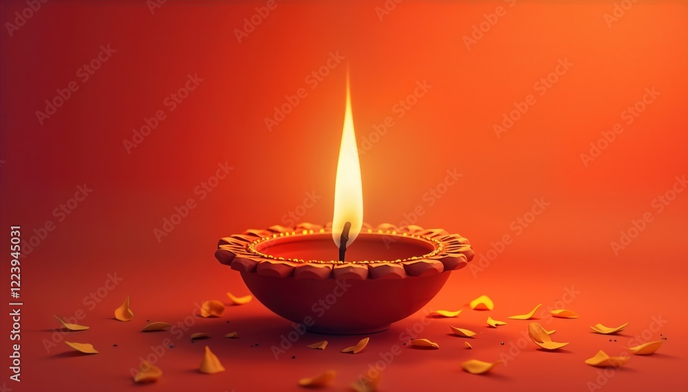Traditional clay diya with burning wick. Red background, scattered flower petals. Indian cultural symbol of light, hope. Suitable for Diwali similar festivals. Image perfect for spiritual festive Traditional clay diya with burning wick. Red background, scattered flower petals. Indian cultural symbol of light, hope. Suitable for Diwali similar festivals. Image perfect for spiritual festive