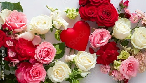 Valentine's Day card- bouquet white, pink, red roses, spring blossom.