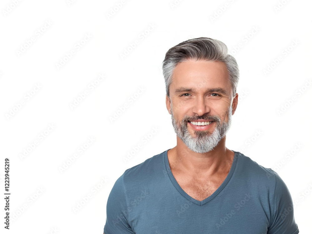 Happy middle aged 45 years old man isolated on white studio background. Confident mature handsome bearded gray-haired male model wearing t-shirt looking at camera. Portrait. Happy middle aged 45 years old man isolated on white studio background. Confident mature handsome bearded gray-haired male model wearing t-shirt looking at camera. Portrait.