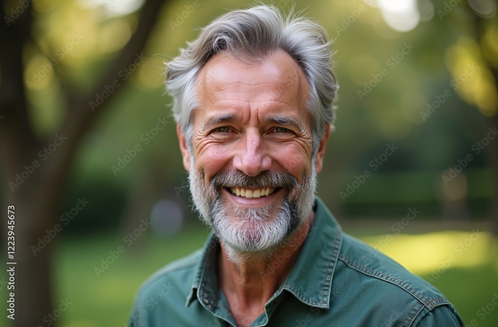 Portrait of a smiling grey-haired man outdoors, exuding warmth and happiness under natural sunlight, with lush greenery in the blurred background. Portrait of a smiling grey-haired man outdoors, exuding warmth and happiness under natural sunlight, with lush greenery in the blurred background.