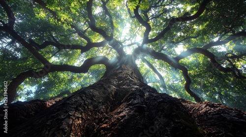 Majestic oak tree, sunlit canopy, forest floor, peaceful nature scene, ideal for environmental themes