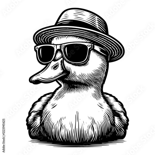 Duck wears sunglasses and hat engraving black and white outline. Scratch board imitation. illustrated in vintage line art style on a white background.
