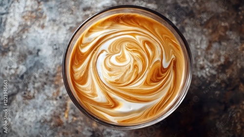 Close-up of a glass of freshly brewed coffee with a swirl of cream.