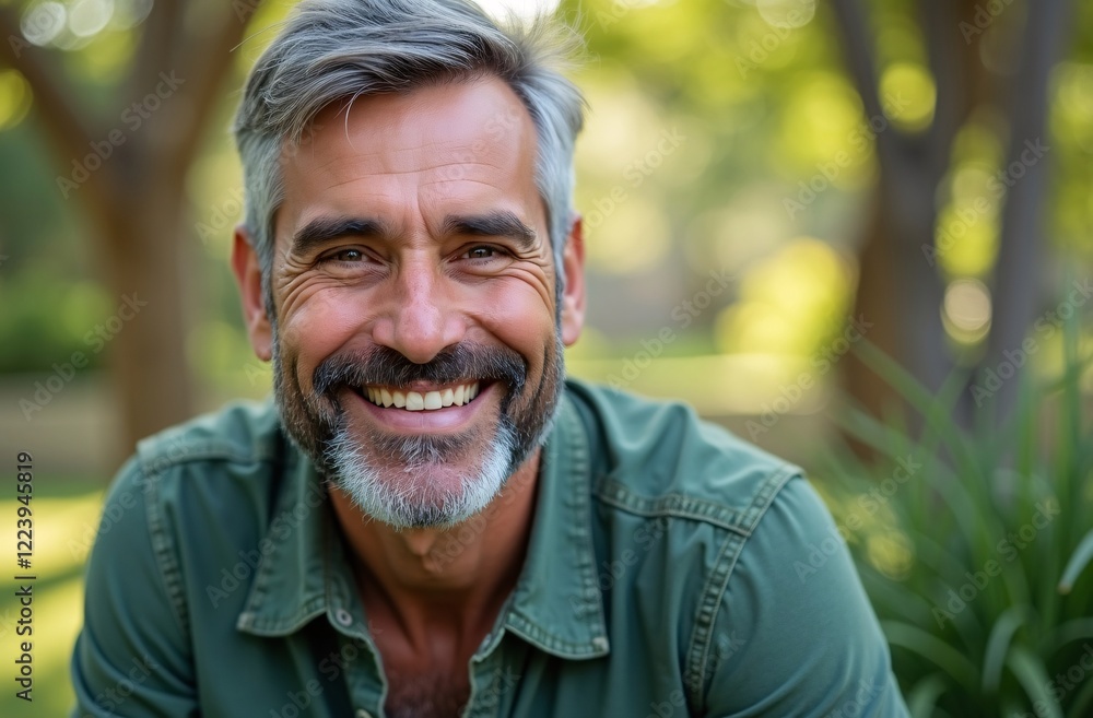 Portrait of a smiling grey-haired man outdoors, exuding warmth and happiness under natural sunlight, with lush greenery in the blurred background. Portrait of a smiling grey-haired man outdoors, exuding warmth and happiness under natural sunlight, with lush greenery in the blurred background.