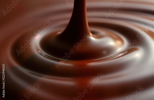 Close-up view of liquid chocolate flowing. Melted chocolate swirls, drips creating abstract patterns. Food texture, motion highlighted. Ideal for dessert culinary concepts. Sweet treat displays