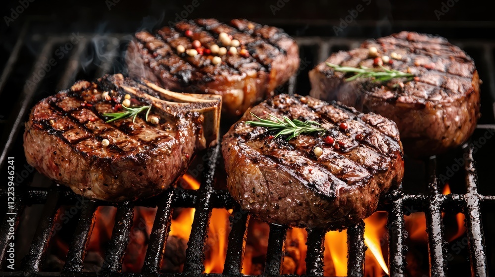 Close-up of a grill master preparing steaks on a hot grill