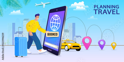 Online Taxi Concept. rent and sharing using service mobile application. Man near smartphone screen with route and points location on a city map on the car and urban landscape background. Vector