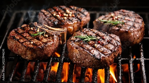 Obraz na płótnie Close-up of a grill master preparing steaks on a hot grill w salonie