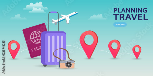A purple suitcase, passport, and camera are ready for a vacation journey. An airplane flies overhead, while multiple map pins symbolize the process of booking a flight and planning an itinerary.