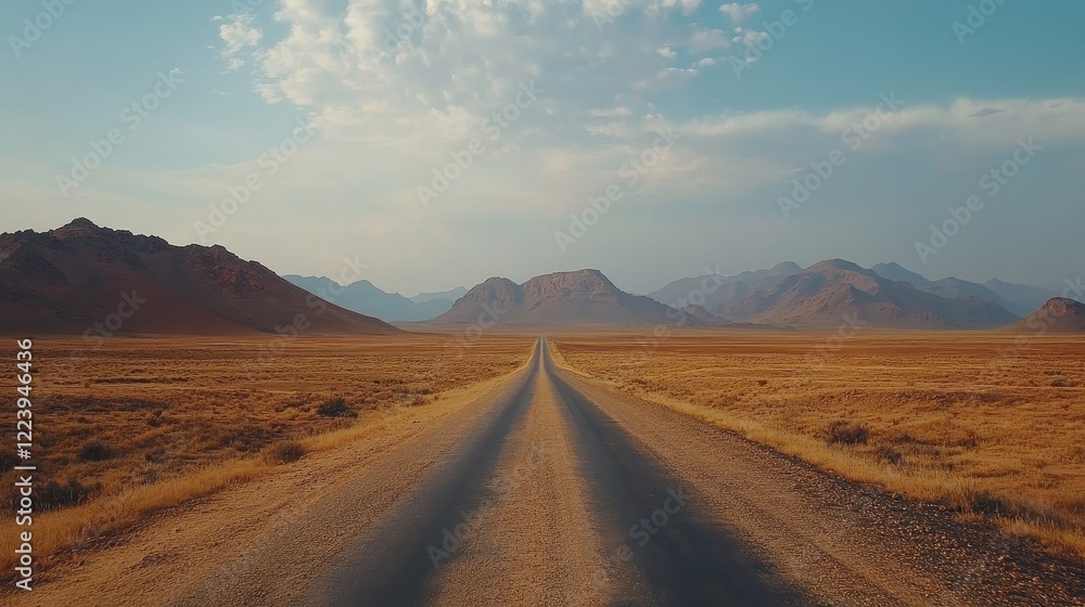 Desert road vanishes into distant mountains under a pale sky. Perfect for travel, adventure, and freedom themes, evokes a sense of journey and exploration. Desert road vanishes into distant mountains under a pale sky. Perfect for travel, adventure, and freedom themes, evokes a sense of journey and exploration.