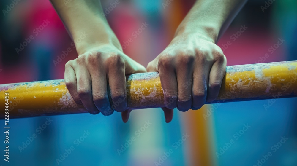 Close-up of a gymnast's hands gripping the uneven bars in a competition.