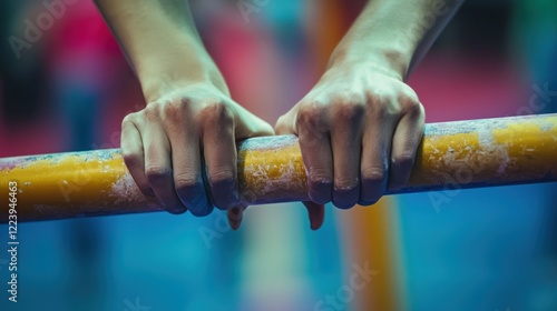 Obraz na płótnie Close-up of a gymnast's hands gripping the uneven bars in a competition. w salonie