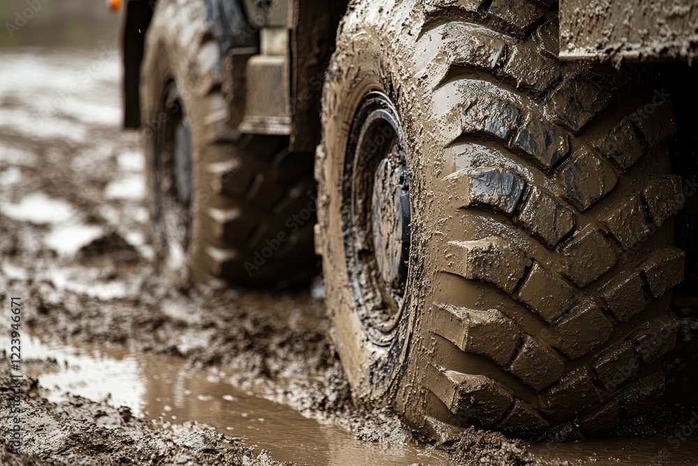 Mud-caked tire of a large vehicle stuck in deep mud. Illustrates off-road challenges, heavy vehicle operation, and difficult terrain.