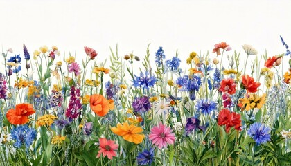 Watercolor colorful wildflowers meadow seamless border, Botanical