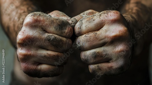 Close-up of a person with determination, hands gripping a rough surface with grit