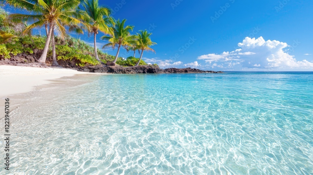Naklejka premium Tropical beach paradise white sand, palm trees, turquoise water, clear sky; ideal for travel brochures