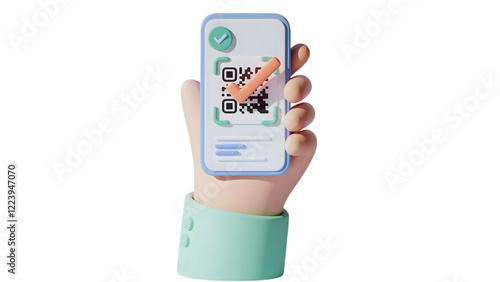 3D Hand Holding Smartphone with QR Code for Digital Payment and Contactless Verification

