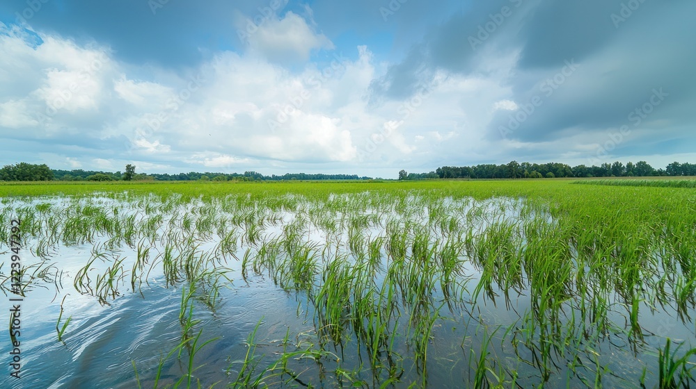 Close-up of fresh green rice plants growing in a flooded field