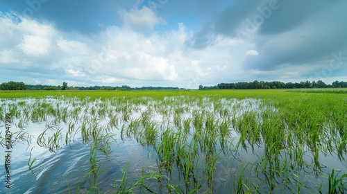 Obraz na płótnie Close-up of fresh green rice plants growing in a flooded field w salonie