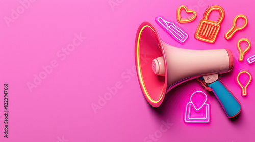 A colorful megaphone is surrounded by vibrant, playful icons, all set against a bright pink background, creating a lively and engaging visual. photo