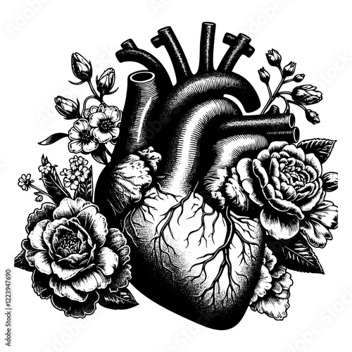 Heart anatomy sketch engraving black and white outline. Scratch board imitation.  illustrated in vintage line art style on a white background.