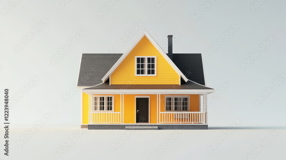 realistic 3D figure of yellow house with gray roof, showcasing charming design and inviting porch. This model represents modern architecture and home aesthetics realistic 3D figure of yellow house with gray roof, showcasing charming design and inviting porch. This model represents modern architecture and home aesthetics