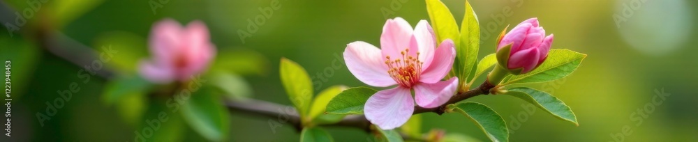 Fototapeta premium Soft pink petals unfurl on a branch amidst lush green leaves, blossom, blooming tree