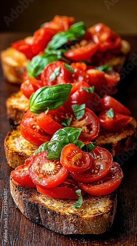 Freshly toasted slices of rustic bread are generously piled with juicy cherry tomatoes and aromatic basil, creating a colorful appetizer bursting with flavor in a cozy kitchen setting.