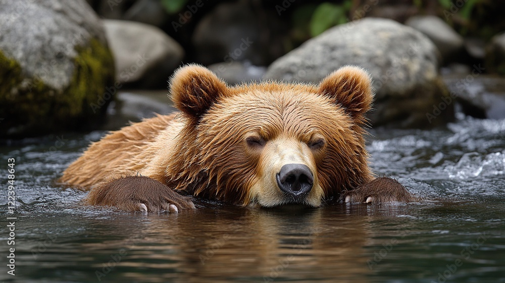 Grizzly bear cooling off in river, rocks background, wildlife photography Grizzly bear cooling off in river, rocks background, wildlife photography