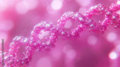DNA strand glowing in a futuristic environment with advanced technology, representing genetics and science, minimalistic design with a bright tone, blurred background, and empty caption space

