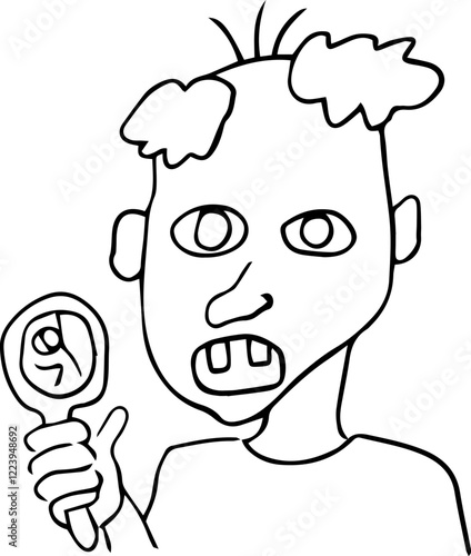 scared old man with two teeth with bald spot and thinning hair holds mirror in hands and looks at camera with fear style of children's painting