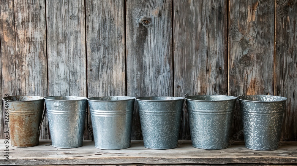 Rustic galvanized metal buckets arranged in a row on a wooden surface