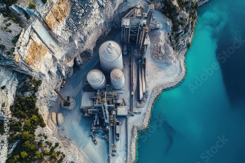 Aerial view of a quarry and processing plant. Illustrates industrial extraction and processing near water.