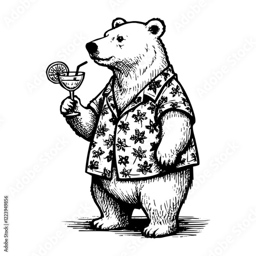 Bear wear summer clothes drinking cocktail engraving black and white outline. Scratch board imitation.  illustrated in vintage line art style on a white background.