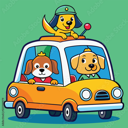 Cute Cartoon Dogs Driving a Car