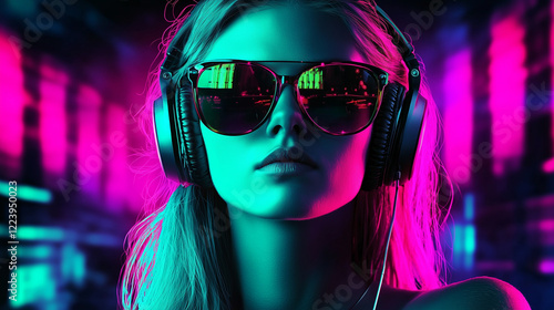 Frau mit Sonnenbrille und Kopfhörer beim Musik hören in pinken und cyan Farben mit neon  Lichteffekten. Querformat mit Platz für Text. 16:9 Format. Generative AI.