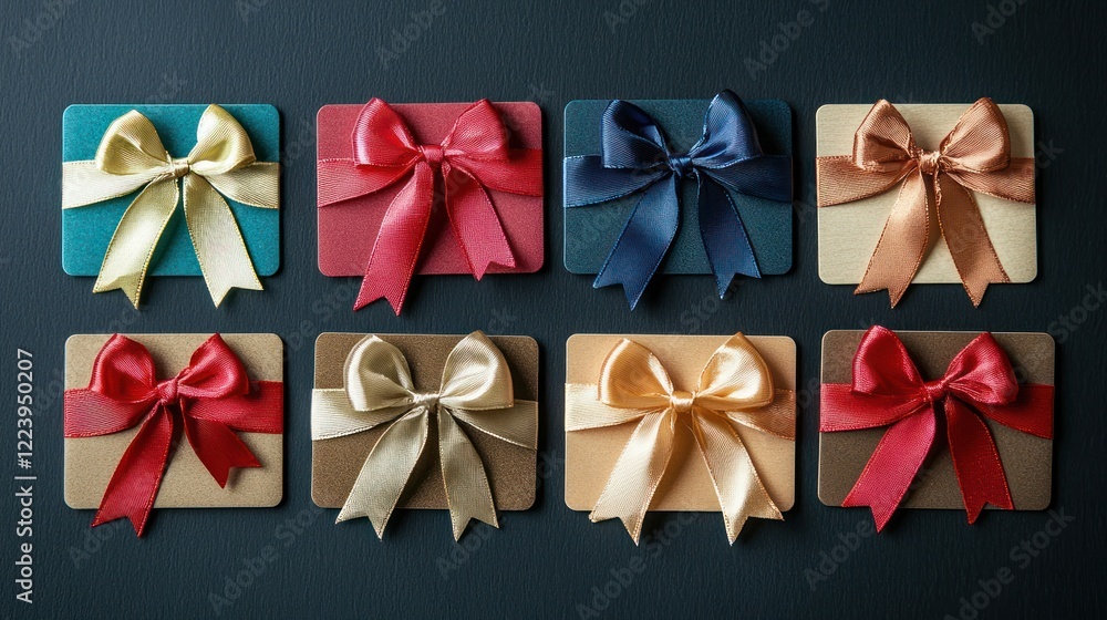Several gift cards arranged neatly with festive ribbons and bows