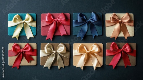 Obraz na płótnie Several gift cards arranged neatly with festive ribbons and bows w salonie