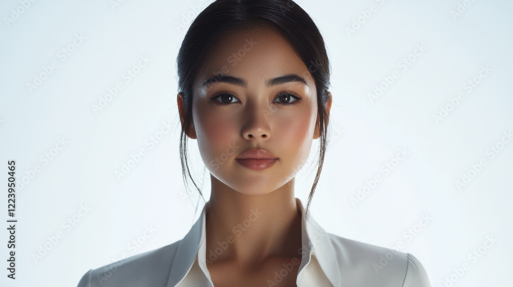 young woman with dark hair and neutral expression, wearing white shirt, stands against light background, exuding confidence and poise young woman with dark hair and neutral expression, wearing white shirt, stands against light background, exuding confidence and poise