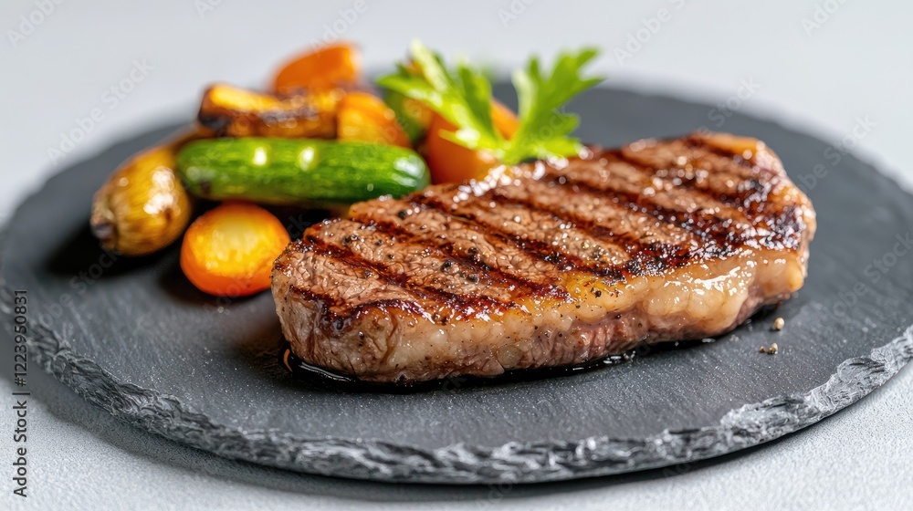 Grilled steak with roasted vegetables on slate plate. Food photography for restaurant menus Grilled steak with roasted vegetables on slate plate. Food photography for restaurant menus