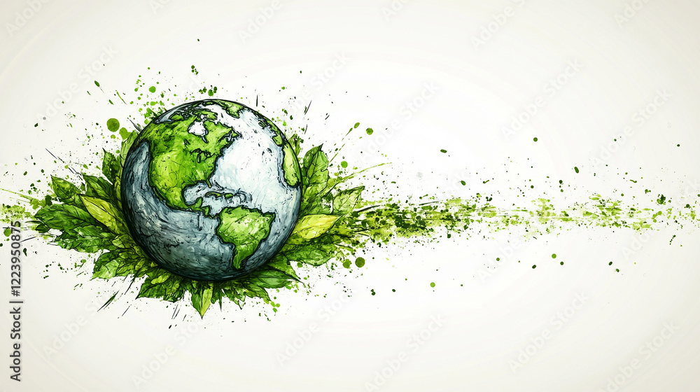 Earth Day celebration with a painted splashed world globe on a minimalistic bright background with blurred space for a caption on the side Earth Day celebration with a painted splashed world globe on a minimalistic bright background with blurred space for a caption on the side