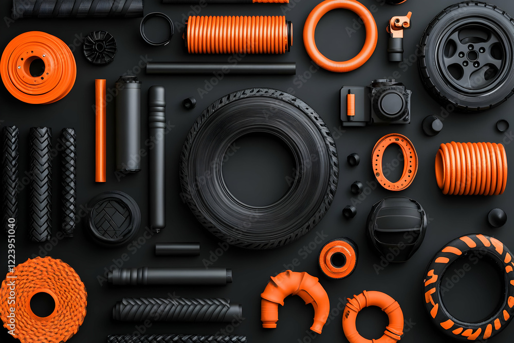 Fototapeta premium Black & orange objects, flat lay
